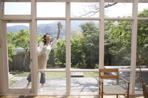 Woman cleans her own windows which are streak free